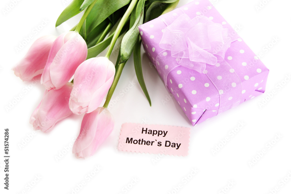Beautiful bouquet of pink tulips and gift for Mother's Day, Beautiful bouquet of pink tulips and gift for Mother's Day,