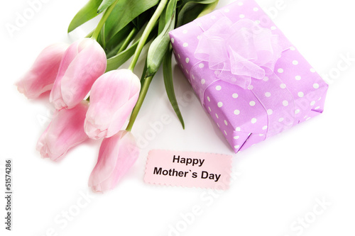 Fototapeta Naklejka Na Ścianę i Meble -  Beautiful bouquet of pink tulips and gift for Mother's Day,