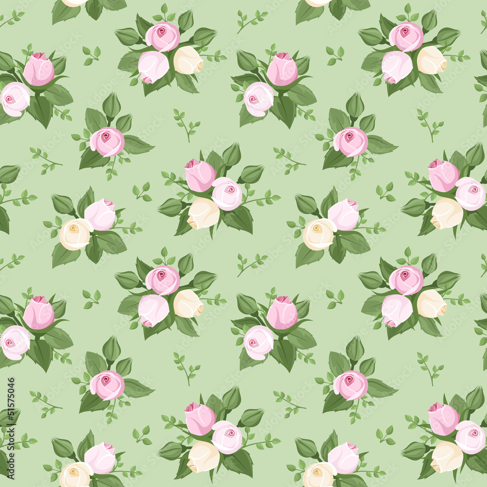 Vector seamless pattern with rose buds and leaves on green. Vector seamless pattern with rose buds and leaves on green.