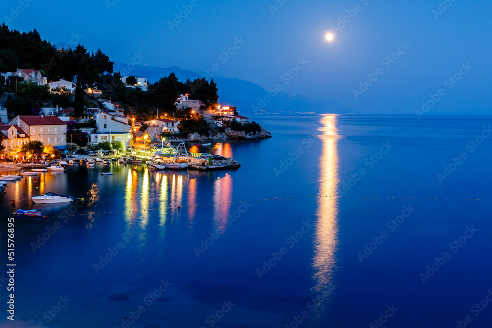 Peaceful Croatian Village and Adriatic Bay Illuminated by Moon,