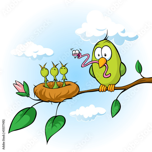 spring illustration of bird feeding hungry chicks