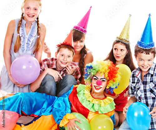 Birthday party group of teen with clown.
