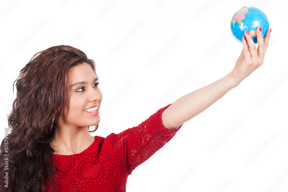 beautiful young woman holding a globe in hand beautiful young woman holding a globe in hand