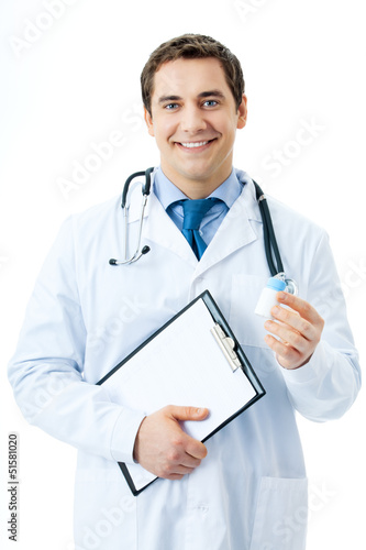 Happy doctor with medicament and clipboard