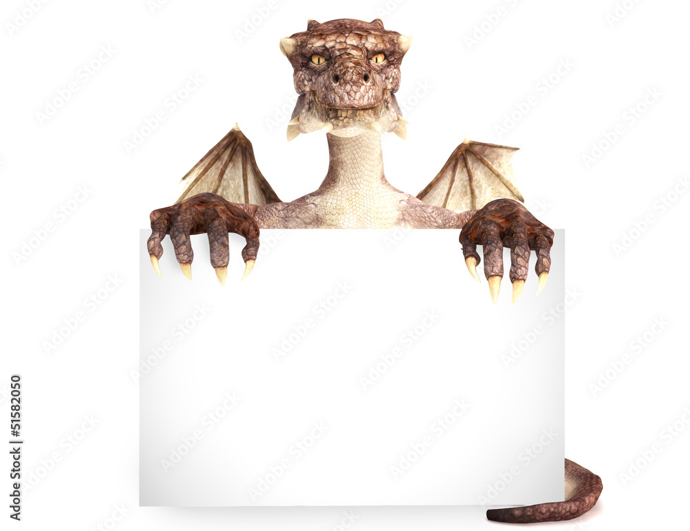 Fototapeta premium Fantasy dragon holding advertisement blank card, room for text