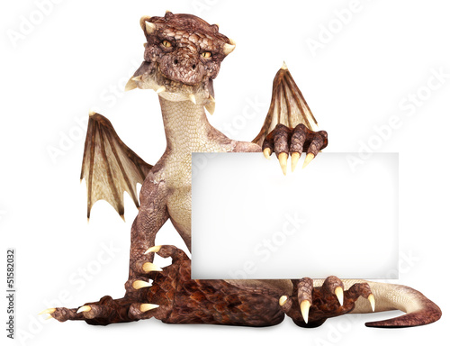 Fantasy dragon holding advertisement blank card, room for text