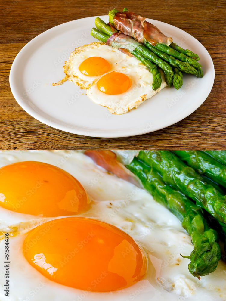 Asparagi with fired egg brown over wooden table and isolated on Asparagi with fired egg brown over wooden table and isolated on