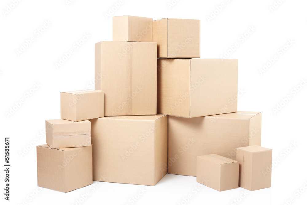 Cardboard boxes stack on white, clipping path