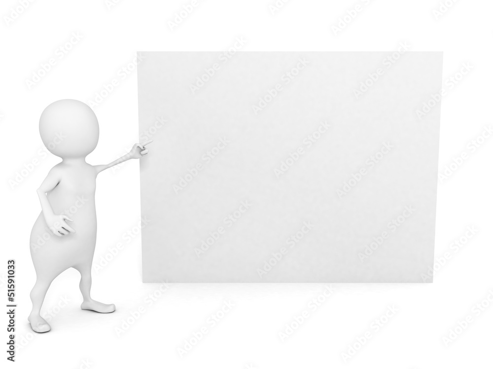 3d man pointing at white blank business card 3d man pointing at white blank business card