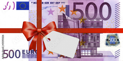 500 Euroschein mit Geschenkband und Label