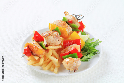 Chicken Shish kebabs with fries