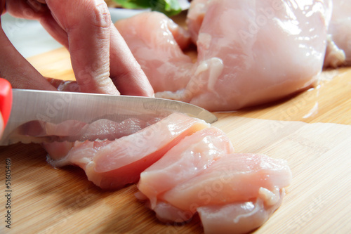 Man's hand cutting raw chicken breast
