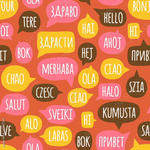 Seamless pattern with "hello" in speech bubbles