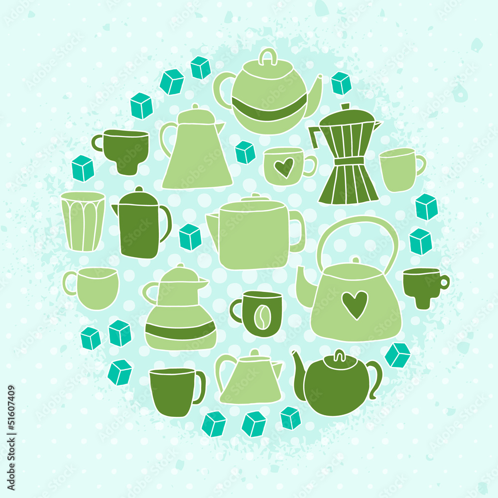 Different tea and coffee cups, pots background Different tea and coffee cups, pots background