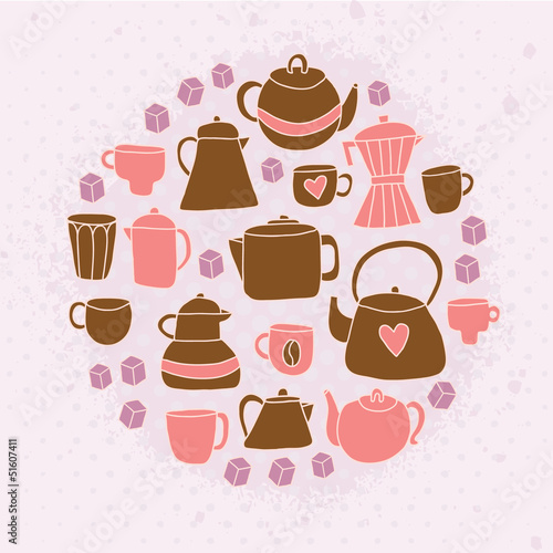Different tea and coffee cups, pots background