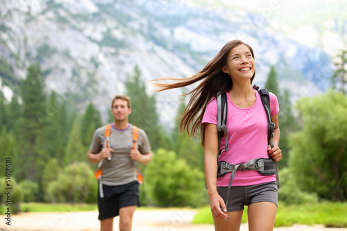 People hiking - happy hikers in Yosemite mountains