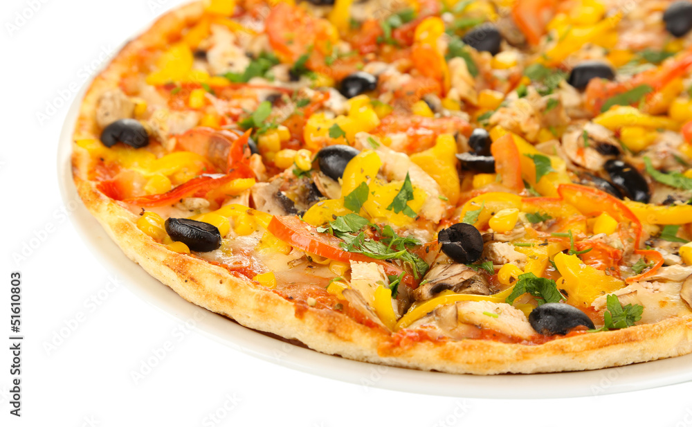 Tasty pizza with vegetables, chicken and olives isolated