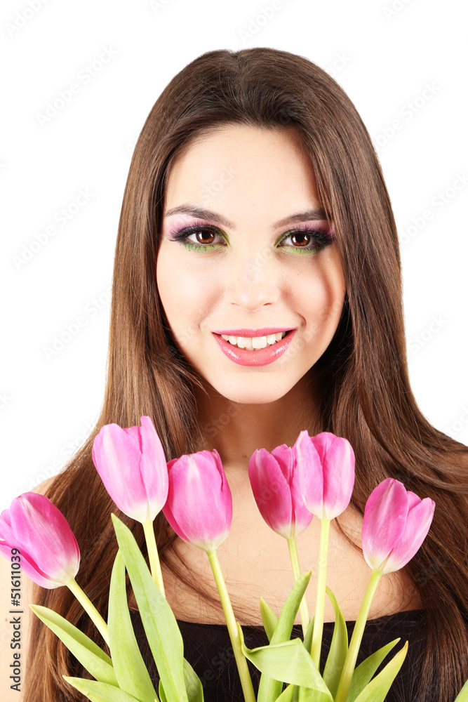 Young beautiful girl with tulips in her hand, isolated on white