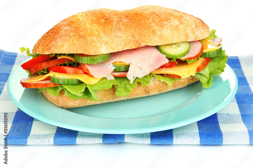 Fresh and tasty sandwich with ham and vegetables isolated