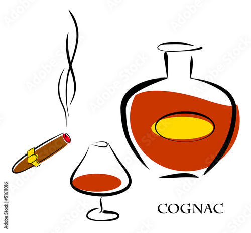 Glass and bottle of luxury cognac with best tobacco cigar