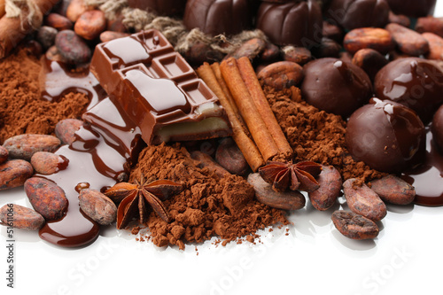 Composition of chocolate sweets, cocoa and spices, isolated