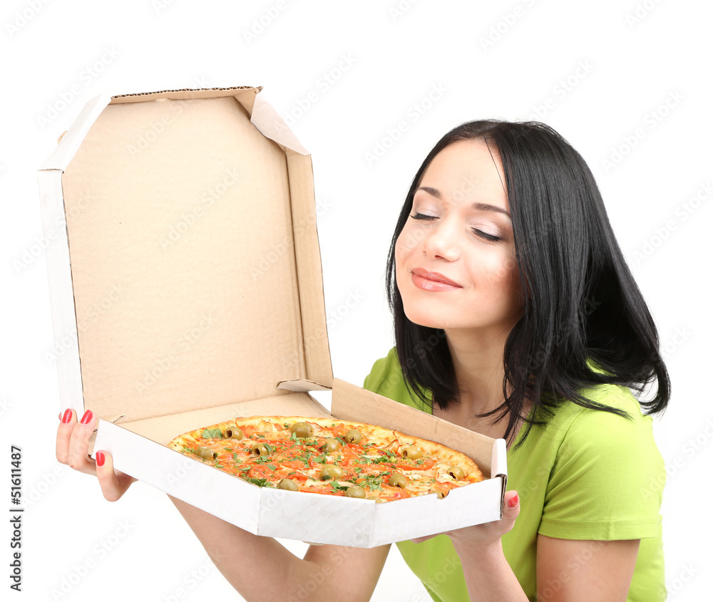 Beautiful girl with delicious pizza in pizza box isolated Beautiful girl with delicious pizza in pizza box isolated