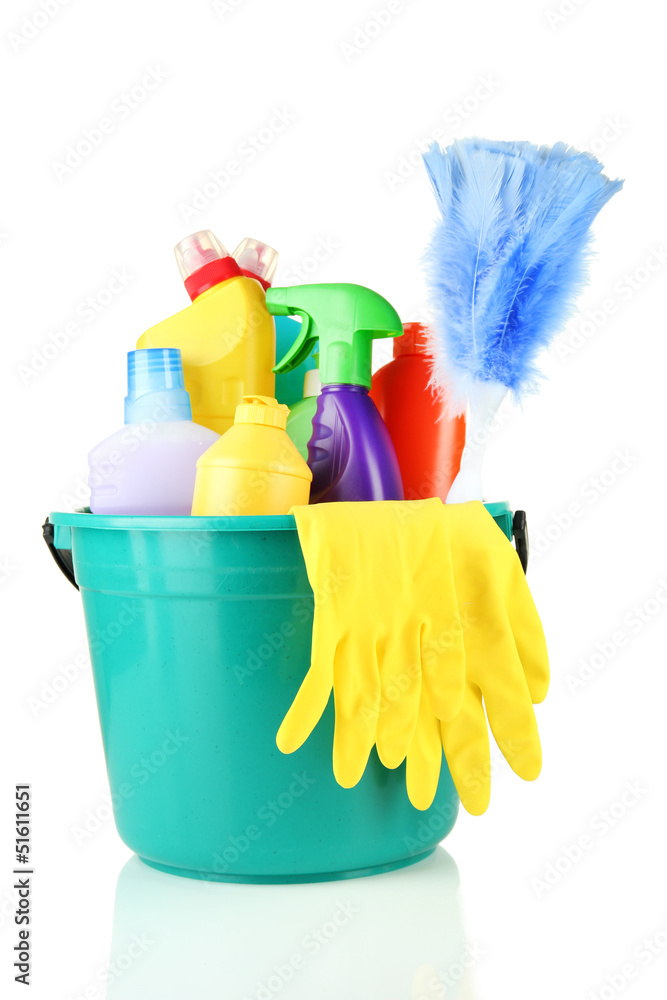 Cleaning items in bucket isolated on white Cleaning items in bucket isolated on white