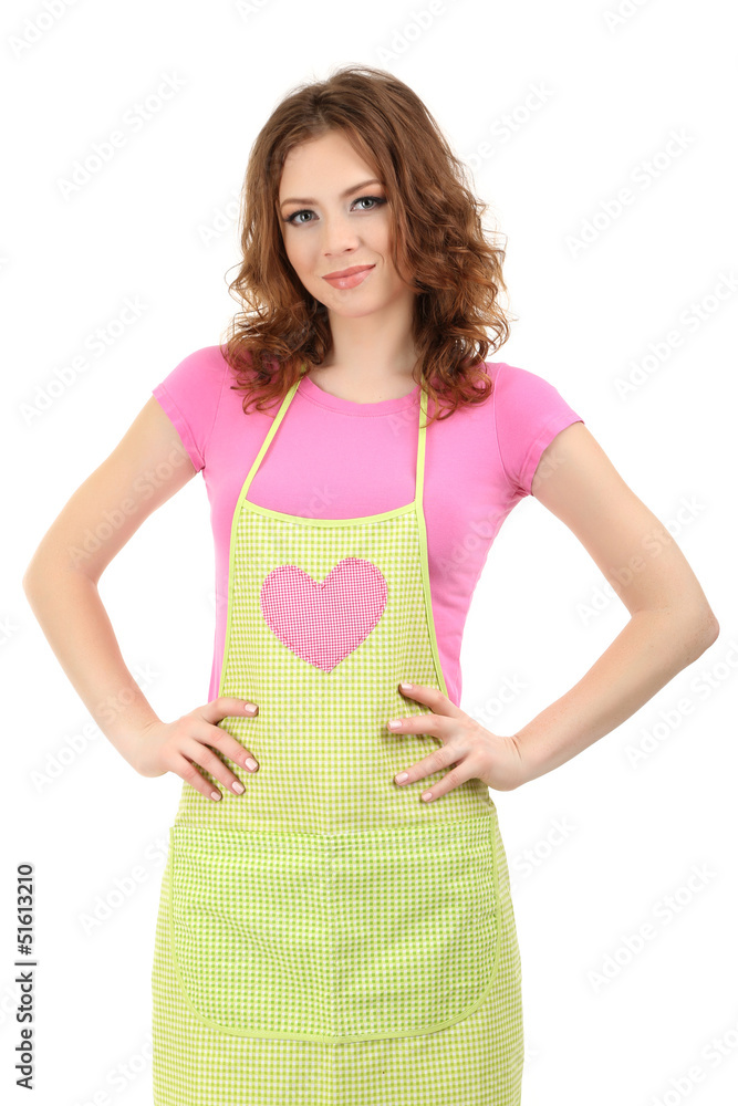 Young woman wearing kitchen apron, isolated on white Young woman wearing kitchen apron, isolated on white