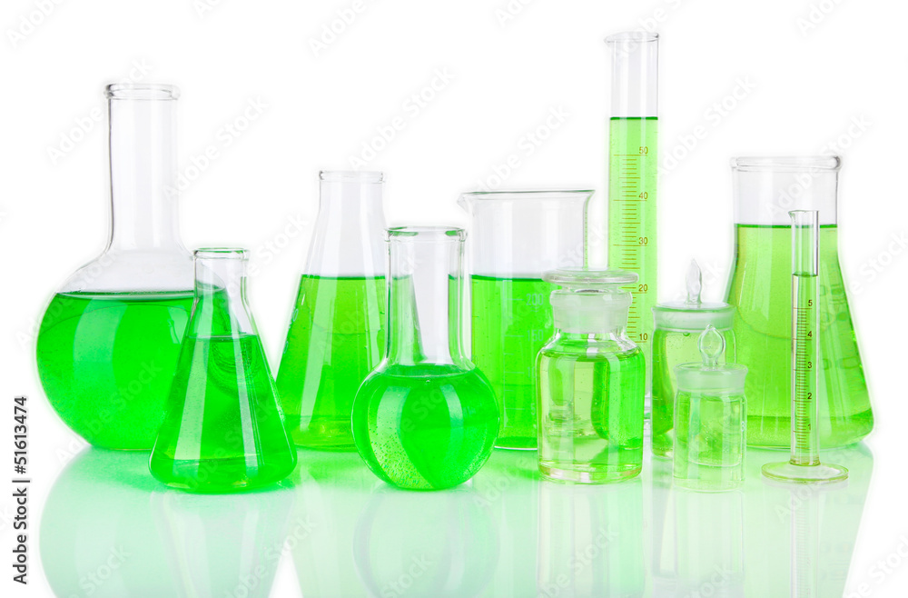 Test-tubes with green liquid isolated on white Test-tubes with green liquid isolated on white