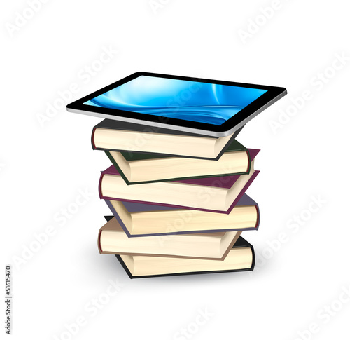 Tablet on a stock of books. E-book capacity concept. Vector.