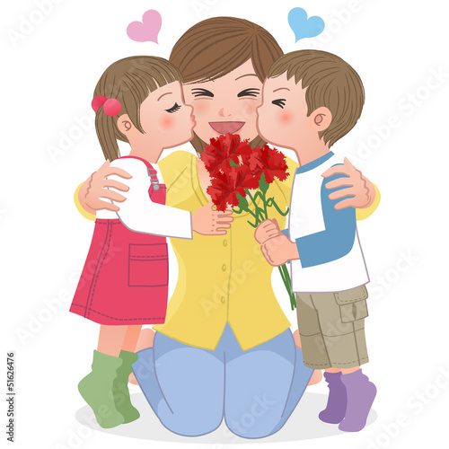母の日　Boy and girl kissing mom