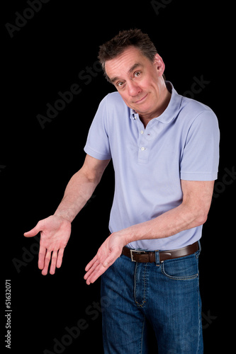 Smiling Man Shrugging Hands Forward Pointing