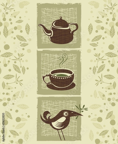 Retro illustration with teacup, teapot and cute bird