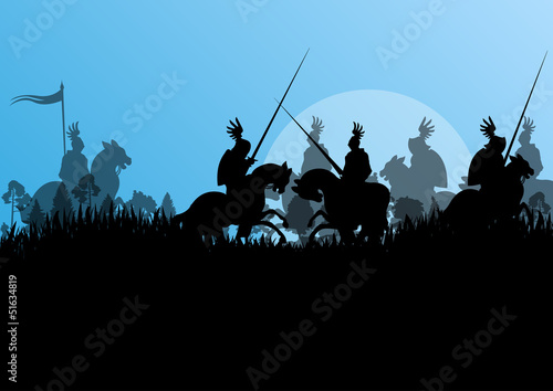 Medieval knight horseman silhouettes riding in battle field warf