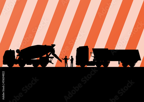 Heavy duty concrete making trucks and tractors in highway roadwa