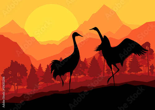 Crane couple in wild mountain nature landscape background illust