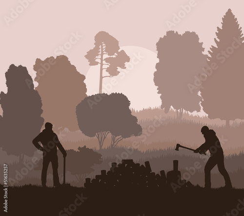 Lumberjack with axe vector background in nature