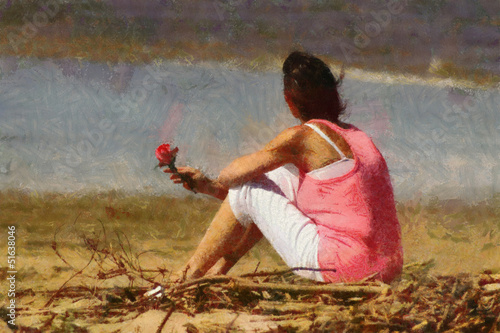 Принти на полотні Pink Lady with Rose on Beach Painting