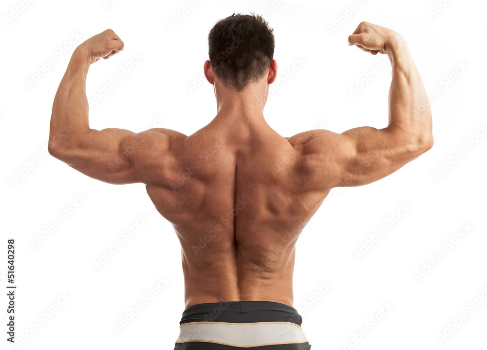 Rear view of a young man flexing his arm and back muscles Rear view of a young man flexing his arm and back muscles