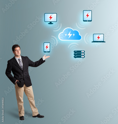 Young man presenting cloud computing network