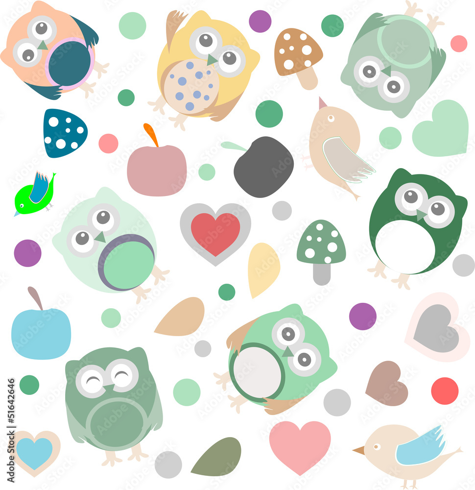 Bright background with owls, leafs, mushrooms and flowers Bright background with owls, leafs, mushrooms and flowers