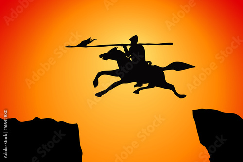 silhouette of the man ride a horse on the top of the mountain