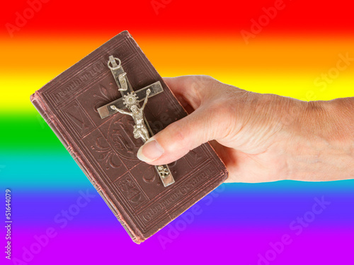 Εκτύπωση καμβά Old hand (woman) holding a very old bible, rainbow flag