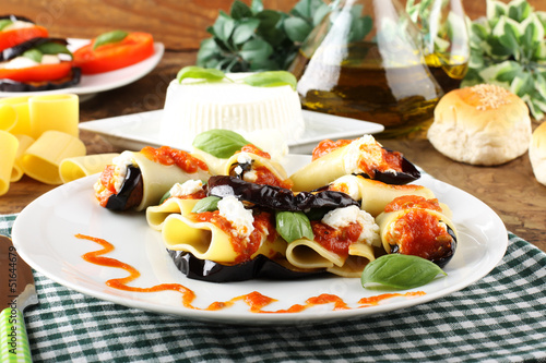 Paccheri pasta with eggplant, ricotta cheese and tomato