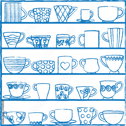 Hand drawn cups and mugs on shelves