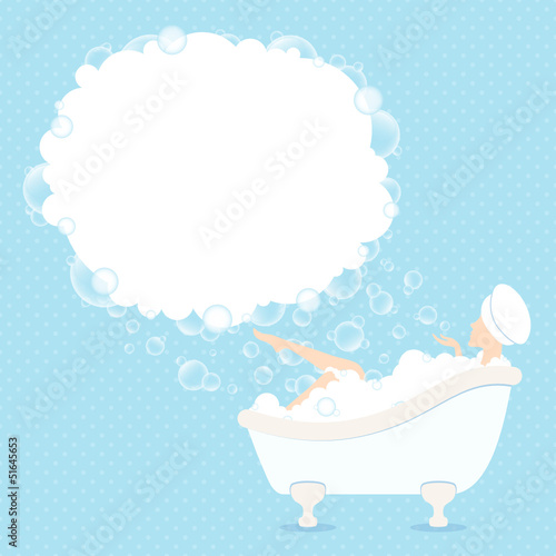 Woman In Bathtub Soap Bubbles Dots Blue
