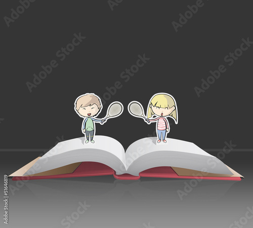 Children playing tennis on Pop Up book. Vector illustration.