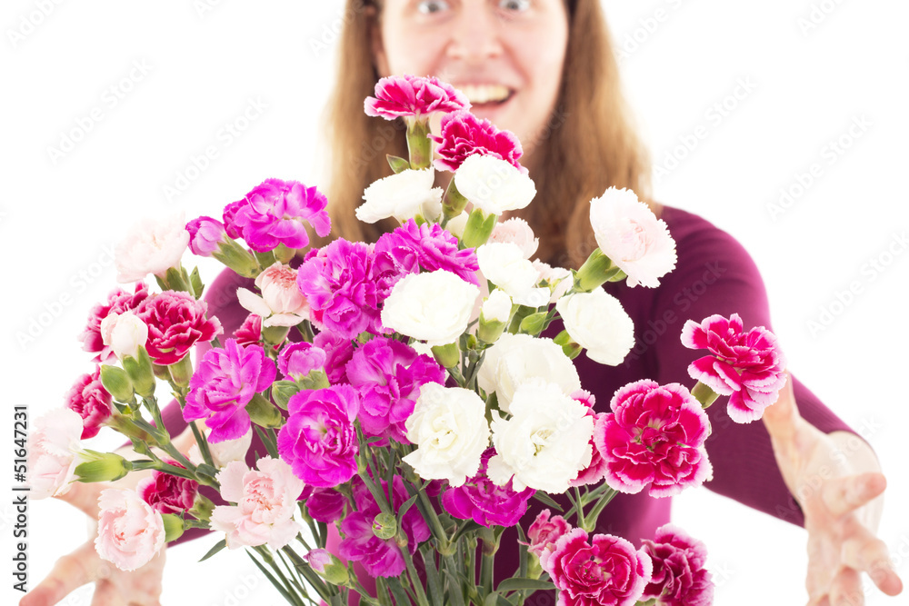 Woman getting beautiful bunch of dianthus caryphyllus Woman getting beautiful bunch of dianthus caryphyllus
