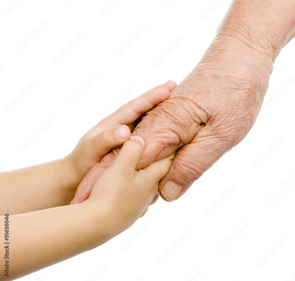 hands of the child embracing a hand of the old woman. isolated 