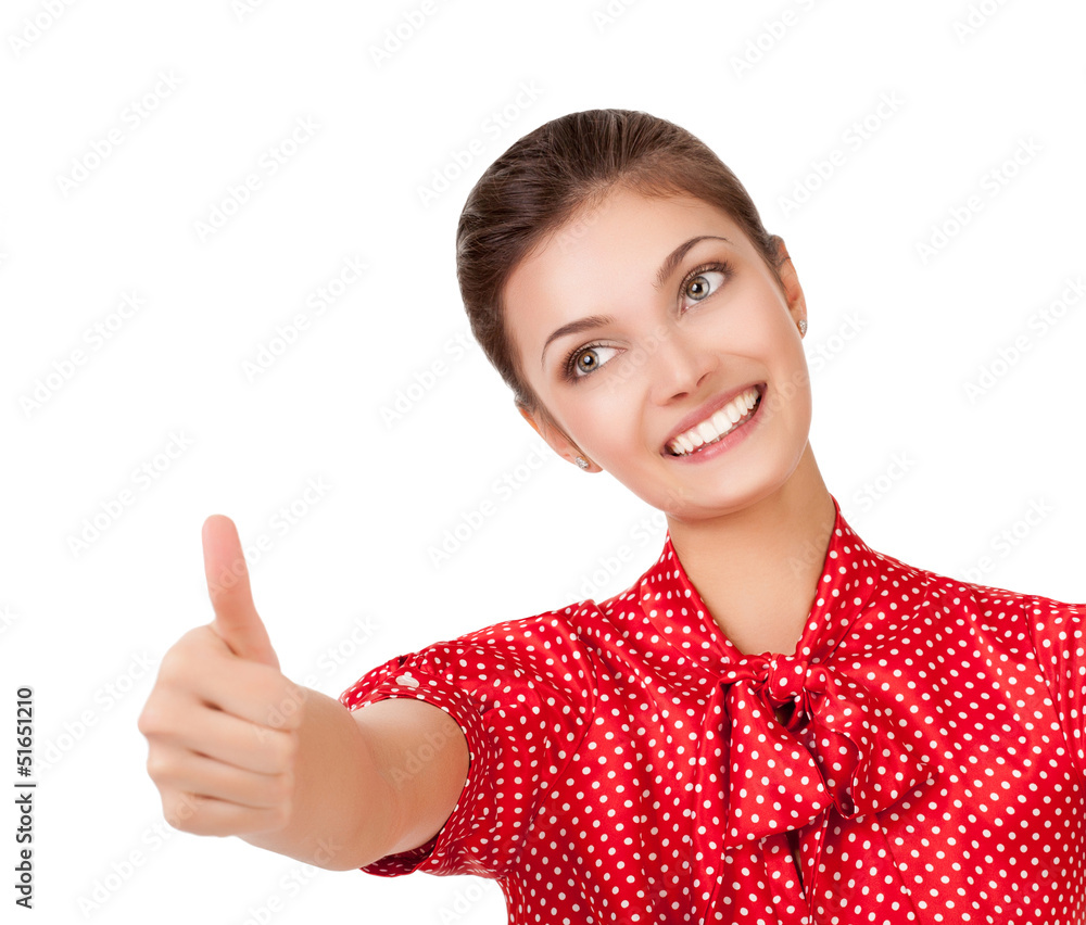Woman showing OK. Looking at camera and smiling. Front view. Whi Woman showing OK. Looking at camera and smiling. Front view. Whi